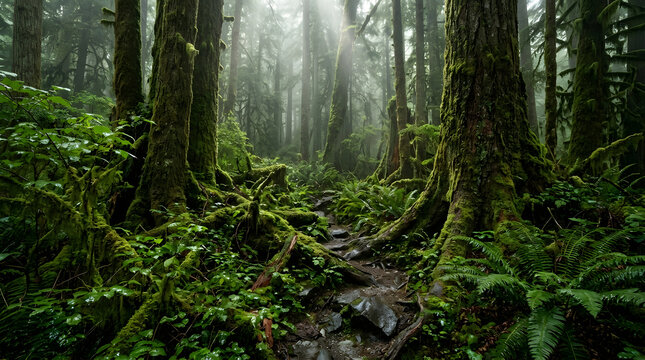 Mystical Path Through Lush Green Rainforest with Ancient Mossy Trees and Sunbeams in the Morning Mist