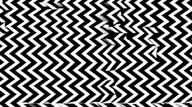 Black and white zigzag bands shift rhythmically in a bold seamless optical motion background.