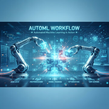 AutoML workflow visualization with robotic arms, automated machine learning in action concept, futuristic data science and artificial intelligence processing