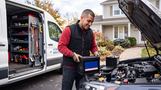 Mobile mechanic replacing a car battery in a residential driveway. Professional auto technician installing new accumulator from service van. Seasonal car care and roadside assistance concept