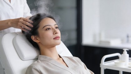 Obraz premium Young Asian woman receiving a professional scalp steam treatment at a spa. Therapist massaging head of female client in salon. Hair care and wellness concept