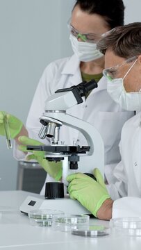 Scientists collaborating in a medical research laboratory, using a brightfield microscope to analyze biological samples and advance scientific discovery for healthcare