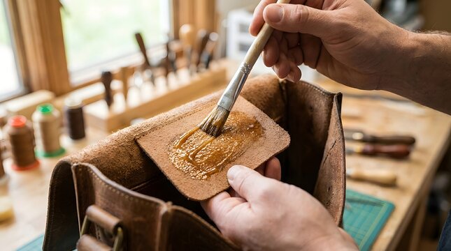 Professional artisan applying strong adhesive glue with a small brush to a genuine brown leather patch for a handmade bag lining in a traditional workshop with various craft tools