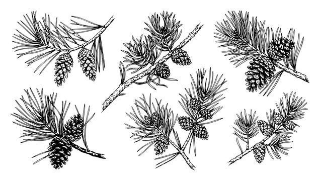 Detailed botanical illustration of various pine tree branc set with simple line art design featuring sketches, drawings, vector graphics with minimalist and simple illustrations