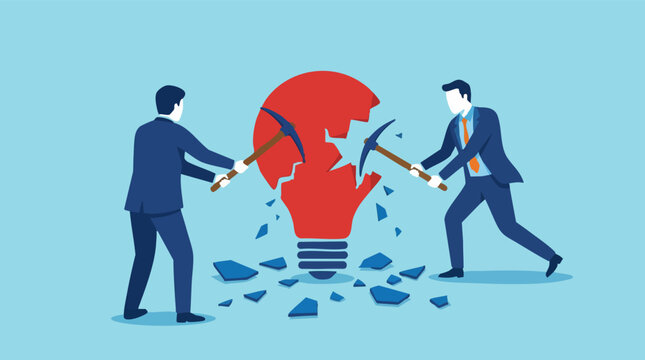 Businessmen using pickaxes to smash a red light bulb, symbolizing idea destruction