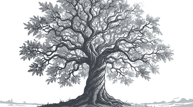 Detailed vector illustration of a tree with intricate twi set with simple line art design featuring sketches, drawings, vector graphics with minimalist and simple illustrations