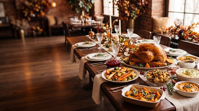 Roasted turkey sits on a long wooden table decorated with various dishes and autumn foliage inside a dining room.