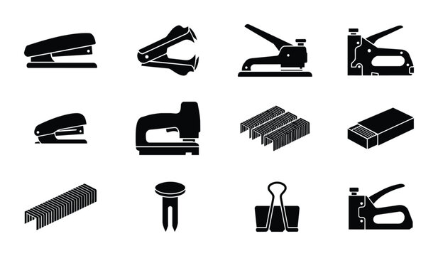 Office Supplies Vector Icons: Staplers, Staples, Push Pins, Binder Clips, Staple Removers, and Staple Guns for Business and Organization
