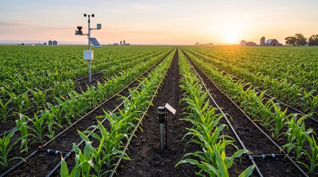 Farmer monitoring crops in agricultural field at sunset with irrigation system