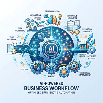 AI-powered business workflow diagram, automated industrial process with robotic arm and gears, artificial intelligence integration for optimized efficiency