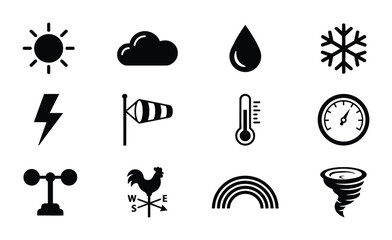 Obraz premium Weather Icons Set, Meteorology Symbols Collection, Climate Forecast Icons, 12 Vector Elements for Meteorology and Forecasting