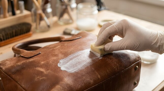 Professional artisan hand in a protective white glove applying a white leather primer coat and conditioner to a vintage brown leather handbag using a sponge in a workshop environment