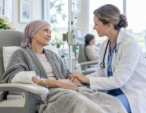 Cancer patient receiving chemotherapy with compassionate oncologist in modern infusion clinic