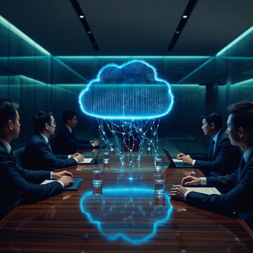Streams of glowing data cascade like digital rain from a translucent cloud hologram above a conference table, green tinted light beams crossing overhead as executives sit in shadow.