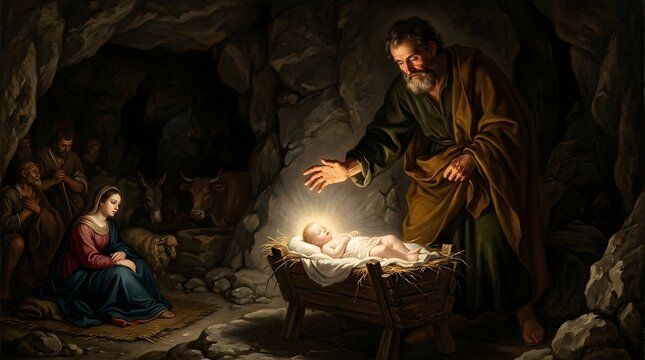 A dramatic oil painting of the Nativity scene inside a dark rocky grotto, Joseph extending one hand above the radiant infant Jesus in a restrained gesture of blessing while Mary watches quietly from a