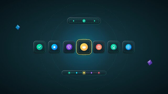 Futuristic HUD tech interface with interactive vector icons rotating in a digital dashboard overlay
