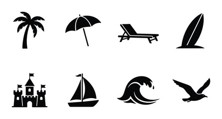 Fototapeta premium Summer Vacation Icons: Beach, Travel, Leisure Set - Vector Graphics