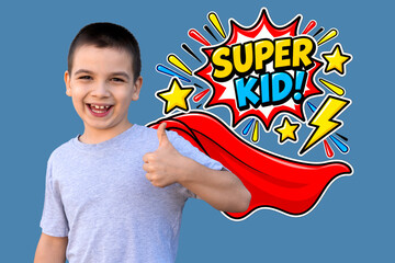 Happy boy showing thumbs up with colorful superhero cartoon elements, childhood confidence and imagination concept © brAIght