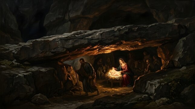 A dramatic oil painting of the Nativity scene inside a dark rocky grotto beneath a naturally eroded lateral stone bridge spanning between two low formations, Mary seated with the radiant infant Jesus 