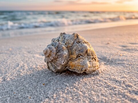 A quiet relic where the tide retreats,

holding the ocean's murmur in golden dawn light