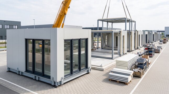 Construction workers assembling modular building on construction site with cranes and building materials
