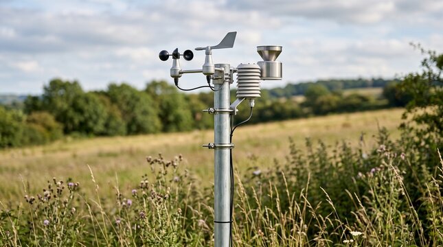 Weather monitoring station with sensors measuring atmospheric conditions in a grassy field