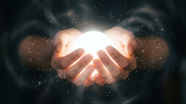 Hands holding a glowing bright light ball with sparkling magic particles in the dark
