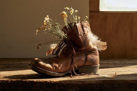 Heavily worn brown leather western-style boot resting sideways on an aged wooden tabletop with small dried meadow flowers and delicate natural feathers emerging loosely from the opening