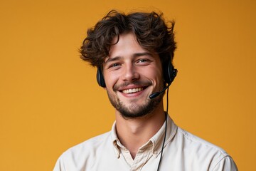 Fototapeta premium Young man with beard and curly hair wearing light beige button down shirt and black over ear headset with microphone positioned near mouth looking directly into lens with warm open smile against