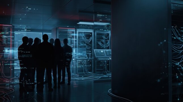 Wide technology hero banner featuring anonymous silhouettes in a digital server room with glitch horror effects and large copy space.