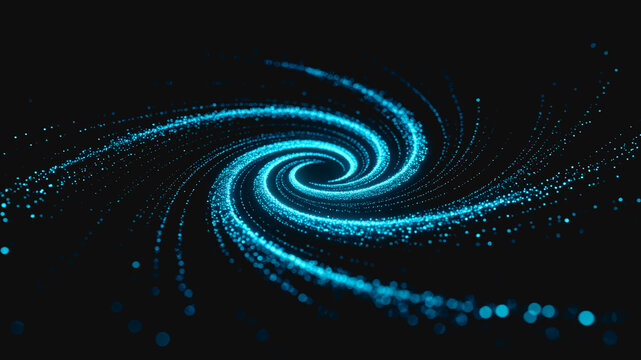 A glowing blue particle spiral forms a luminous, futuristic pattern against a dark black background, resembling a digital nebula or data flow.