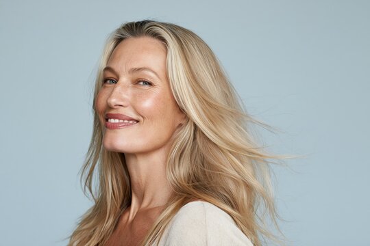 Side profile portrait of a smiling blonde woman with freckles and flowing hair, gazing thoughtfully off frame against a seamless pale aqua studio background under soft diffused lighting