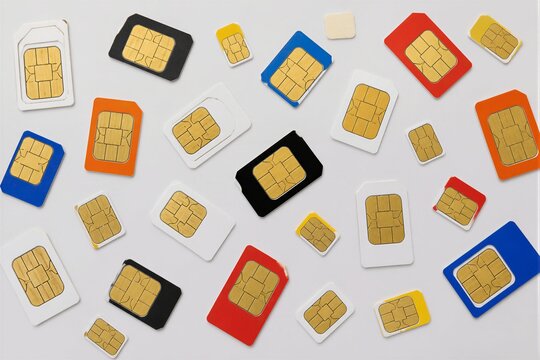 Multiple sim cards arranged on white surface flat lay background