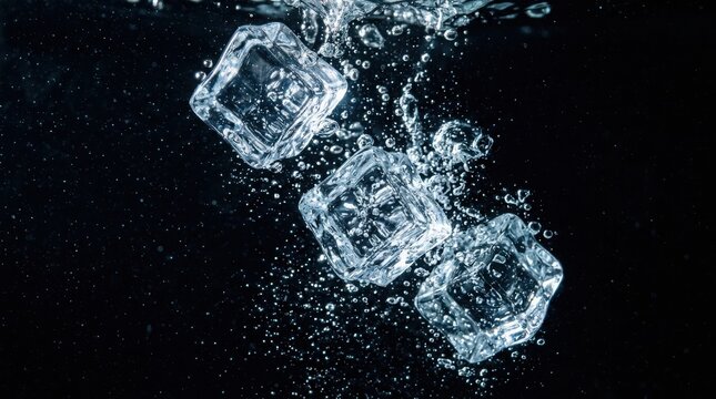 Clear ice cubes falling into fresh water creating bubbles and splashes against a dark black background