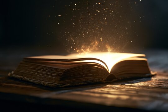Open antique book resting on weathered wooden table with warm golden light emerging from between its pages while luminous floating particles rise into surrounding darkness