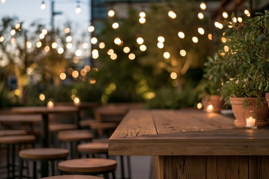 Weathered wooden bar counter with empty stools and string lights glowing softly in evening bokeh, potted green plants and candle on surface, natural wood grain texture, outdoor cafe setting