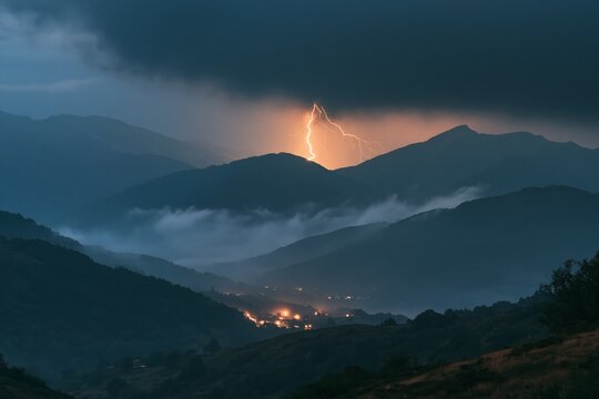Intense lightning bolt striking between dark storm clouds over layered mountain ridges, illuminated mist drifting through valleys, distant village lights glowing below