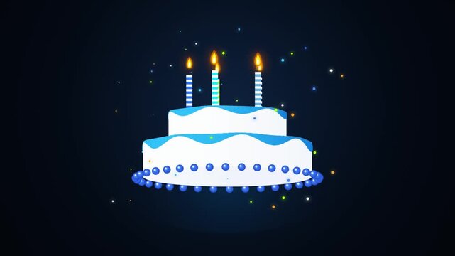 Colorful birthday cake with three lit candles on top
