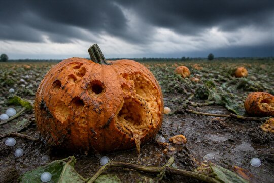 Rotten pumpkins decaying in muddy field after storm