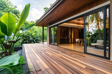 Obraz premium Wooden deck with sliding glass doors and tropical garden view