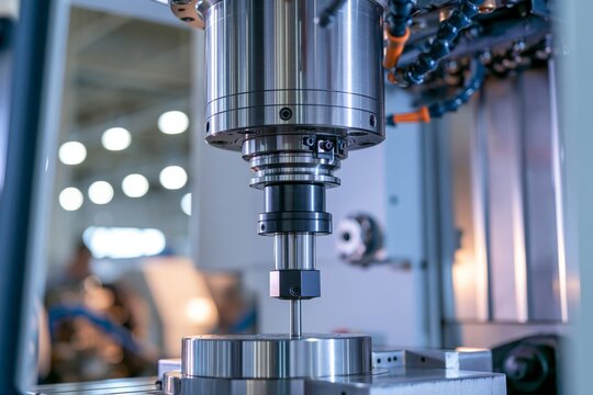Close-up of CNC milling machine tool head with polished metal spindle and chuck assembly, industrial workshop background with overhead lighting