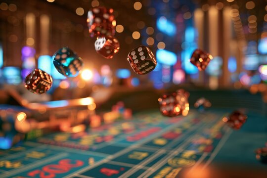 Multicolored dice suspended in midair above a craps table with vibrant casino lights reflecting off the surface, blurred background of gaming chips and betting layout under warm directional lighting