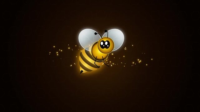 Bright cartoon bee flying with glowing sparkles around it