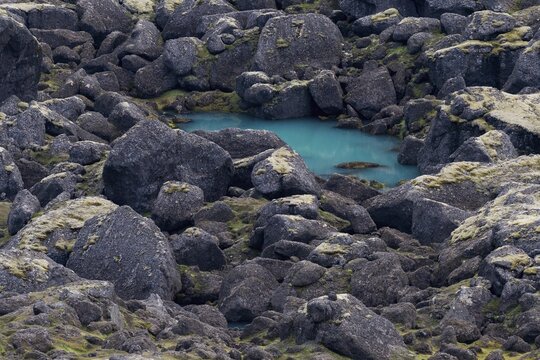 Turquoise water basin, St&oacute;rur&eth; landslide in Dyrfj&ouml;ll, Iceland