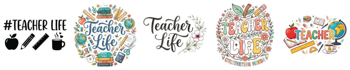 Fototapeta premium Teacher life lettering collection with school supplies and education icons