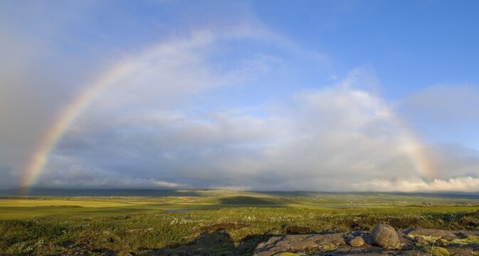Rainbow over the lowlands of Hera&eth;sfl&oacute;i Bay, Iceland, Europe