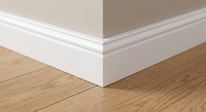 A quarter view shows a white baseboard with a decorative corner piece next to a cabinet