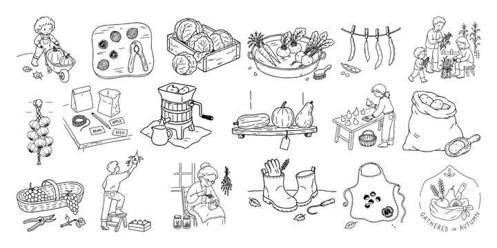 秋の台所と収穫作業の手描きペン画イラストセット、野菜、果物、保存／Autumn Kitchen、Harvest Work、Vegetables、Fruit、Food Preservation、Pen Drawing Set