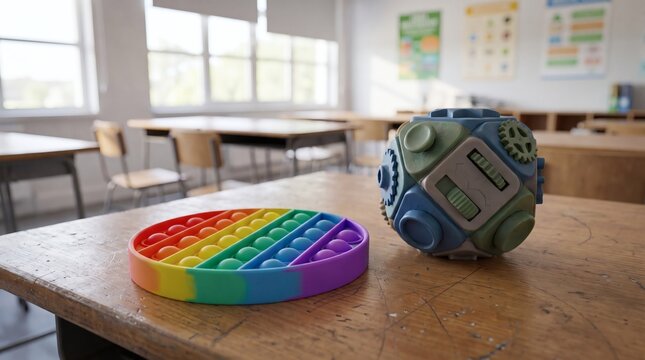 Colorful silicone fidget popper and sensory toy cube on a wooden school desk in a bright classroom setting.