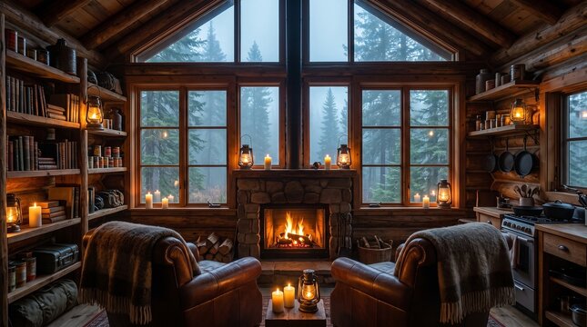 Cozy Log Cabin Interior with Fireplace, Leather Chairs and Forest View Windows
